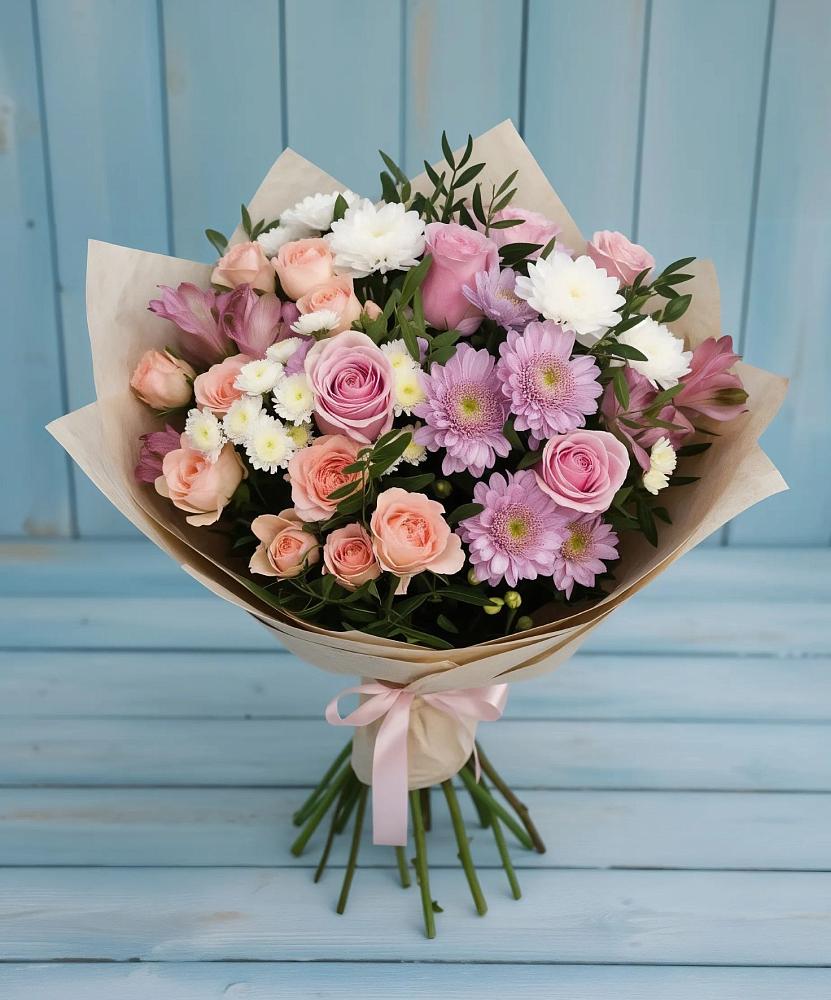 Букет цветов из: Хризантемы, Розы и Альстромерии в Краснокаменске Забайкальского края