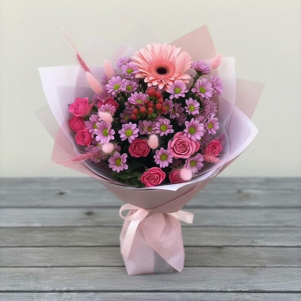 Букет цветов из: Розы, Герберы и Хризантемы в Краснокаменске Забайкальского края