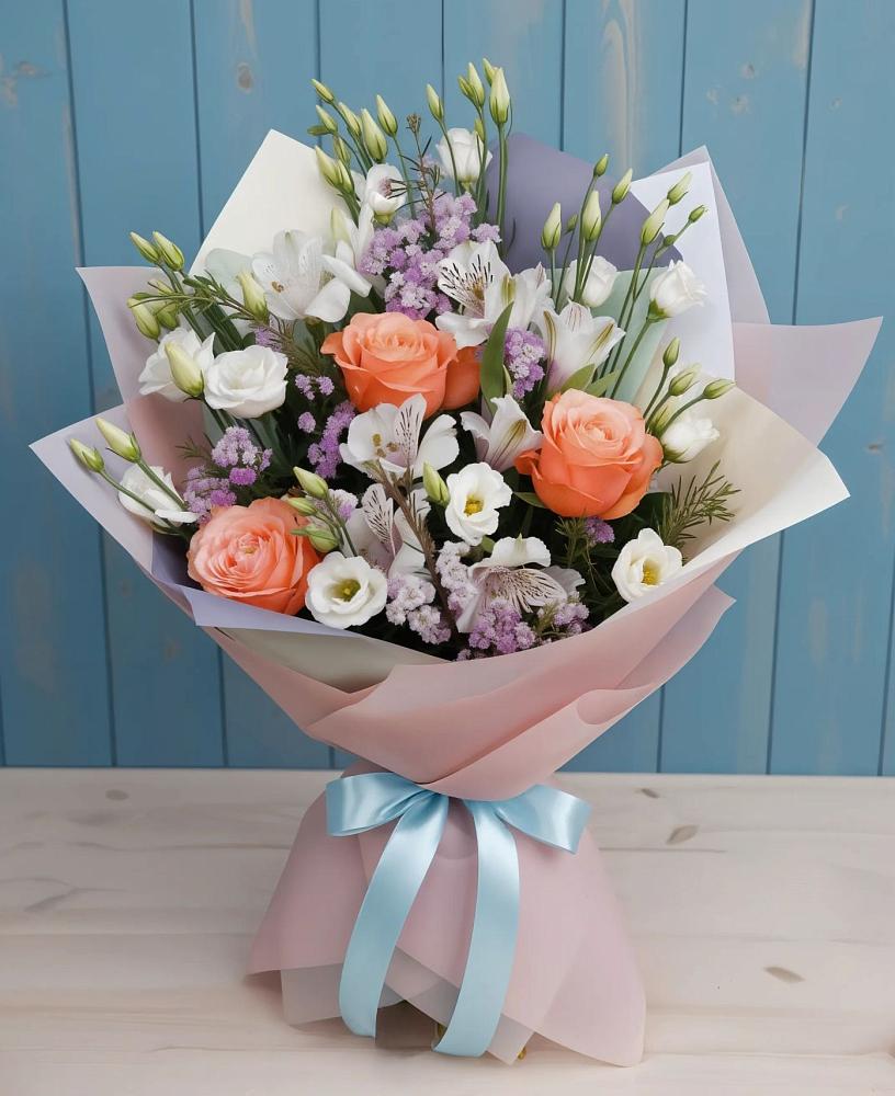 Букет цветов из: Лизиантусы, Розы, Альстромерии и Гипсофила в Краснокаменске Забайкальского края