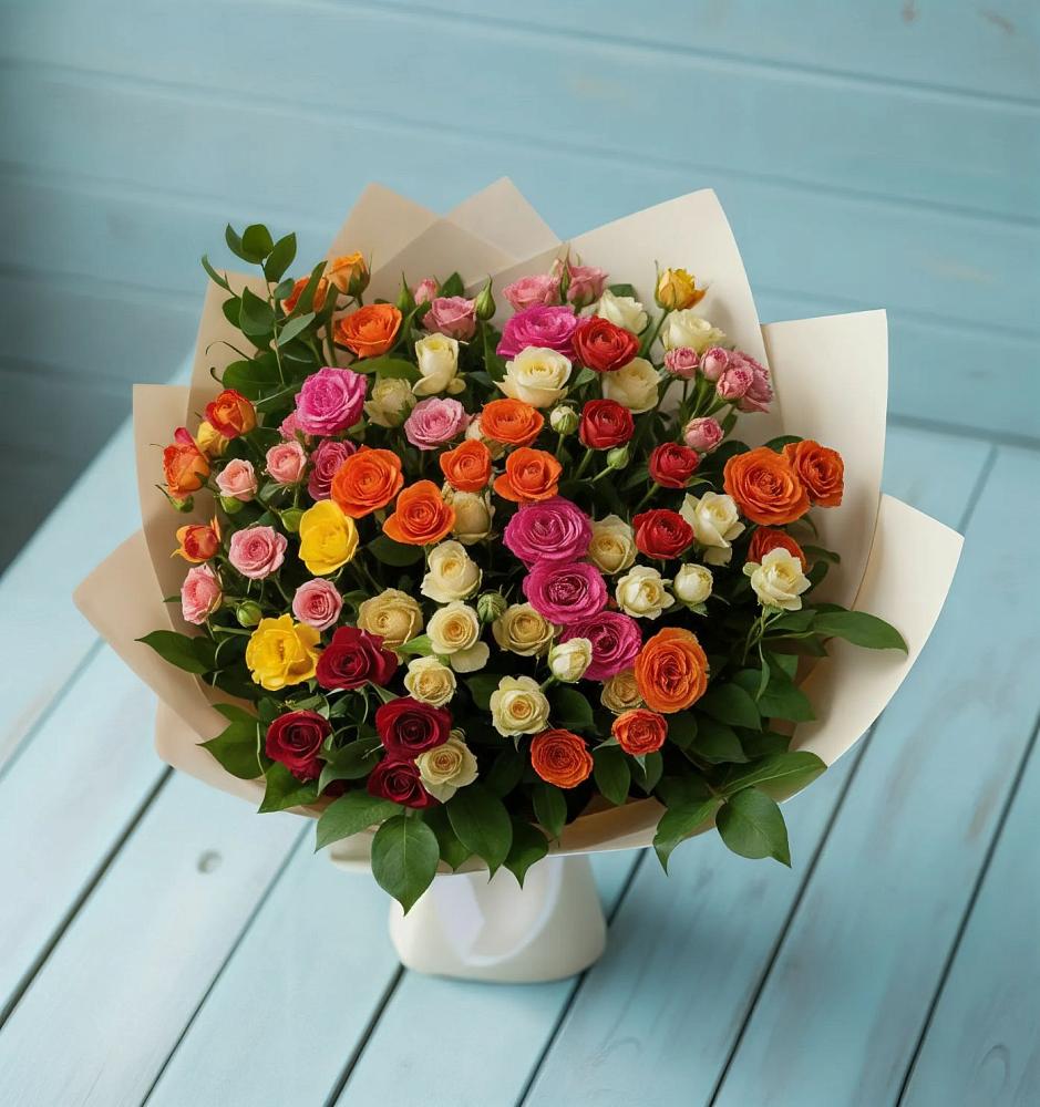 Букет Микс из разноцветных кустовых роз в Краснокаменске Забайкальского края