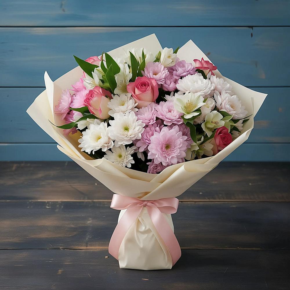 Букет цветов из: Хризантемы, Альстромерии и Розы в Краснокаменске Забайкальского края